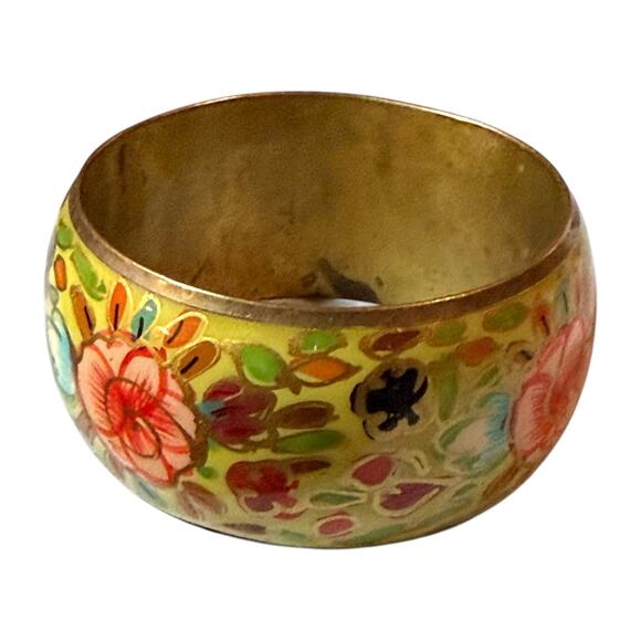 Vintage Bohemian Bangle Brass Green Pink Blue Floral Enamel Bracelet - Picture 3 of 6